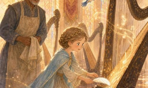 The princess stands center, face soft and amazed, light brown hair braided into a crown, wearing a simple misty-morning dress and a pale blue cloak; she places a white feather on the base of a large antique harp, hands outstretched in a respectful pose. The steward, about 60, stands slightly back left in a gray tunic and apron, gray hair and a fond, surprised look, holding a cloth and watching happily. A small blue bird flutters near the top of the harp, wings open and lively as if applauding. The great harp hall is a long corridor with tall stained glass letting in golden sunset light, rows of dark wooden harps with gold inlay along the walls, a red fabric banner, and wooden floors beginning to sparkle like stars. The magical moment: the feather touches the harp, a single string rings, visible threads of light rise and make the floor glow; warm, calm, tender wonder.
