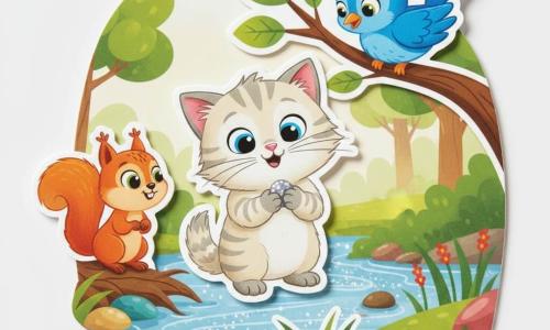A small cream fluffy kitten named Whiskers with light gray stripes and bright blue eyes holds a sparkling pebble; a red squirrel watches from a nearby root and a vivid blue bird perches above, tilting toward the pebble. They stand by a shimmering river with smooth pebbles and stylized greenery; the scene is warm and bright, with saturated colors, thick outlines and simple shapes like EVA foam stickers.