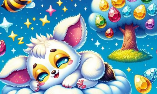 An illustration depicts a small, cute, and sleepy creature with large, soft ears and a tiny, happy twitching nose. It lies on a fluffy cloud, wearing a peaceful smile while dreaming. Next to it, a cheerful bee with bright yellow and black stripes buzzes around, sparkling eyes and a playful grin, eager to wake its friend for a new adventure. The main setting is a vibrant blue sky dotted with fluffy clouds and twinkling stars, creating a magical and light atmosphere. Below, a snack tree with colorful fruits shines like jewels in the sunlight. The main scene shows the bee trying to wake its sleeping friend to search for treasure, dancing joyfully around it. Additional graphic elements include bursts of light around the bee, sparkling fruits on the tree, and small stars floating in the air, adding a touch of magic to the scene.