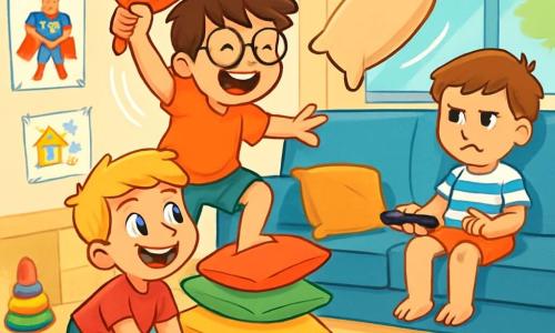 Há 3 personagens: - Lucas: um garoto de 7 anos, com cabelo castanho bagunçado e óculos redondos. Ele está em pé sobre uma pilha de almofadas, brandindo um travesseiro como um escudo. - Rafa: um garoto de 6 anos, com cabelo loiro e olhos brilhantes. Ele está agachado no chão, cercado por pequenos carros coloridos, pronto para iniciar sua pista de corrida. - Gui: um garoto de 5 anos, com cabelo castanho e uma camiseta listrada. Ele está sentado no sofá, segurando o controle remoto, com uma expressão de frustração no rosto. O local é uma sala de estar iluminada, com um grande sofá azul, tapetes coloridos no chão e brinquedos espalhados por toda parte. As paredes são decoradas com desenhos de crianças e pôsteres de desenhos animados. A situação principal mostra os irmãos em uma intensa batalha de travesseiros, rindo alto, enquanto travesseiros voam pelo ar e carros de brinquedo estão espalhados ao redor deles. É um momento de alegria e caos, onde cada um tenta defender seu território enquanto se diverte juntos.