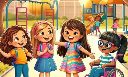 Em um pátio ensolarado da escola, quatro meninas de dez anos estão juntas, radiantes de alegria. Lara, com cabelos castanhos e cacheados, veste uma camiseta azul vibrante e jeans, sorrindo entusiasticamente. À sua esquerda, Sofia, com cabelos loiros e lisos, usa um vestido colorido e gesticula ao contar uma história engraçada. À direita, Clara, que usa óculos coloridos e tem cabelos castanhos presos em um rabo de cavalo, ri enquanto escuta Sofia. Por fim, Ana, com cabelos negros e em uma cadeira de rodas, usa uma camiseta rosa e um grande sorriso, encantada com suas novas amigas. O pátio é cercado por grandes árvores com folhas douradas, e brinquedos coloridos estão espalhados, criando uma atmosfera alegre e acolhedora. As quatro meninas discutem entusiasticamente sobre seu primeiro dia de escola, compartilhando experiências de férias e prometendo se apoiar ao longo do ano letivo.
