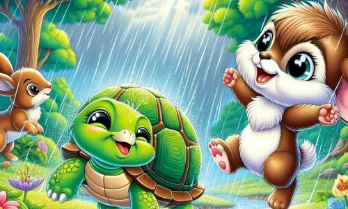 Un pequeño animal peludo, con un suave pelaje marrón y ojos brillantes, salta de alegría bajo una ligera lluvia, su rostro radiante de felicidad y emoción. A su lado, una tortuga de caparazón verde y brillante, con una sonrisa serena, aplaude mirando al cielo, su expresión llena de satisfacción. Un pequeño conejo de grandes orejas blancas, con ojos chispeantes, baila alegremente sobre la hierba, sus patas traseras saltando con energía. El escenario es un hermoso bosque verde, lleno de majestuosos árboles de hojas brillantes, flores coloridas que florecen bajo la lluvia y arroyos brillantes que serpentean entre las rocas. La suave luz de la tarde filtra a través de las ramas, creando una atmósfera mágica y alegre. La escena principal muestra a los personajes celebrando juntos la llegada tan esperada de la lluvia, después de haber trabajado duro para limpiar su bosque, unidos en la alegría y la esperanza de un futuro mejor.