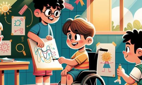 Em uma sala de aula iluminada e colorida, vemos quatro amigos em plena atividade. Pedro, um menino de 10 anos com cabelos negros e cacheados, está de pé, sorrindo e desenhando um esquema em uma grande folha de papel. João, também de 10 anos, com cabelos castanhos e lisos, está sentado em sua cadeira de rodas, usando uma camiseta verde e óculos, observando atentamente o esquema de Pedro, segurando um rolo de fita adesiva. Lucas, um menino de 9 anos com cabelos loiros e curtos, agachado ao lado de João com uma camiseta amarela, segura uma pequena lâmpada e um fio elétrico, pronto para conectá-los. Miguel, de 10 anos, com cabelos castanhos e sardas, está de pé atrás deles, sorrindo e segurando uma pilha. A sala é decorada com desenhos coloridos nas paredes e janelas que deixam entrar a luz do sol, com um quadro negro ao fundo cheio de anotações e exemplos de projetos científicos. Os quatro amigos trabalham juntos em seu projeto de circuito elétrico, demonstrando entusiasmo e espírito de equipe, ilustrando a importância da amizade e colaboração na escola.