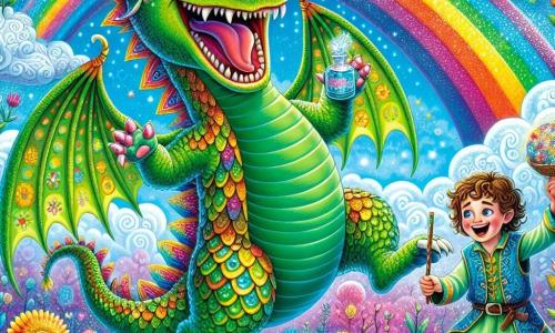 Ein großer grüner Drache namens Flamme, mit schimmernden Schuppen und funkelnden Augen, tanzt fröhlich auf einem Regenbogen. Sein Lächeln ist breit und ansteckend, und er lacht laut, während seine ausgebreiteten Flügel in der Sonne glänzen. Neben ihm steht ein etwa 10-jähriger Junge namens Felix, mit lockigem Haar und einem bunten Gewand, der seinen Freund bewundernd anlächelt und lacht. Er hält eine kleine Flasche mit magischem Trank in der Hand, bereit für einen neuen Zauber. Die Szenerie ist eine märchenhafte Landschaft mit leuchtenden Farben, in der mehrfarbige Blumen im Wind tanzen und wolkenförmige Süßigkeiten im azurblauen Himmel schweben. Die Hauptsituation zeigt Flamme, den Drachen, der laut lacht, nachdem er einen magischen Trank getrunken hat, während Felix, sein Freund, versucht, ihn zu beruhigen und über die lustige Situation lacht.
