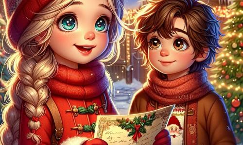 Ein 9-jähriges Mädchen, Leni, mit langen, geflochtenen blonden Haaren und neugierigen Augen steht vor einem großen Weihnachtsbaum, ihr Gesicht strahlt Freude und Aufregung aus. Sie trägt einen leuchtend roten Mantel, einen Wollschal und passende Handschuhe und hält einen alten, dekorierten Brief in den Händen. Neben ihr steht ihr Freund Max, ein 10-jähriger Junge mit zerzausten braunen Haaren und einem warmen Lächeln, der Leni bewundernd ansieht, während er eine Weihnachtsmütze und einen Pullover mit Rentiermotiven trägt. Im Hintergrund ist eine kleine Holzhütte, geschmückt mit Lichtern, umgeben von sanft fallendem Schnee, was eine magische Atmosphäre schafft. Die Szene zeigt Leni und Max, die eine geheimnisvolle Nachricht an den Weihnachtsmann entdecken, voller Begeisterung und Entschlossenheit, bereit für ein unvergessliches Abenteuer.