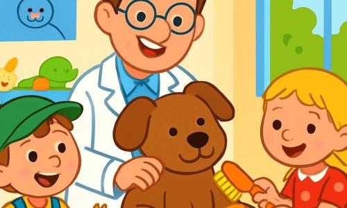 Ein lächelnder Tierarzt, Dr. Paul, mit braunen Haaren und runden Brillen, trägt einen weißen Kittel und steht fröhlich vor einem Untersuchungstisch. Er hat einen warmen und freundlichen Blick, während er einen großen Teddybär streichelt. Neben ihm steht Leni, ein 6-jähriges Mädchen in einem roten gepunkteten Kleid mit blonden Zöpfen, das lächelt und eine kleine Bürste für Tiere hält. Sie beugt sich zum Teddybär, bereit, ihn vorsichtig zu bürsten. Tim, ein 7-jähriger Junge mit einer grünen Mütze und Latzhose, steht etwas im Hintergrund und hält eine kleine Schachtel mit bunten Verbänden, voller Begeisterung und Neugier. Die Szene spielt in einem hellen Untersuchungsraum für Tiere, der mit bunten Tierpostern an den Wänden, verstreuten Stofftieren und einem großen Fenster, das Sonnenlicht hereinlässt, gefüllt ist. Dr. Paul erklärt den Kindern, wie man sich um Tiere kümmert, während Leni und Tim Spaß daran haben, sich um den Teddybär zu kümmern, ihm einen Verband anzulegen und ihn sanft zu bürsten. Die Atmosphäre ist fröhlich und warm, voller Lachen und Lernen.