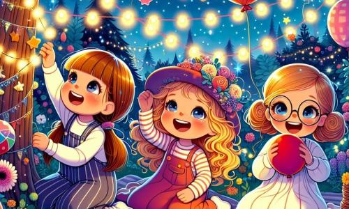 In einem verzauberten Garten bereiten sich drei Freundinnen auf eine Silvesterfeier vor. Mia, ein 8-jähriges Mädchen mit langen braunen Haaren und einem strahlenden Lächeln, hängt Lichtergirlanden an einen großen Baum. Neben ihr lacht Lotte, ein 7-jähriges Mädchen mit lockigem blonden Haar und einem bunten Hut, während sie einen roten Ballon hält. Emma, ein 6-jähriges Mädchen mit braunen Haaren und runden Brillen, sitzt auf einer Decke, umgeben von köstlichen sternförmigen Keksen. Der Garten ist voller bunter Blumen und funkelnder Lichter. Ein sternenklarer Himmel leuchtet über ihnen, während sanfte Schneeflocken fallen und der Szene einen magischen Touch verleihen. Im Mittelpunkt der Illustration haben die drei Freundinnen Spaß bei den Vorbereitungen ihrer Feier, umgeben von Ballons und festlichen Dekorationen, während ein kleiner bunter Vogel fröhlich um sie herumfliegt und eine Atmosphäre der Freude und Aufregung für das neue Jahr bringt.