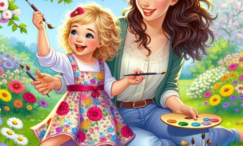 Ein 2-jähriges Mädchen mit lockigem, blondem Haar und einem großen, fröhlichen Lächeln sitzt in einem blühenden Garten. Sie trägt ein buntes Kleid mit Blumenmustern und hält eine Farbpalette mit Pinseln in der Hand, bereit, ihr Meisterwerk zu schaffen. Neben ihr ermutigt ihre Mama, eine etwa 30-jährige Frau mit langen braunen Haaren in einer leichten Bluse, sie mit einem sanften Lächeln und ebenfalls einem Pinsel in der Hand. Beide stehen auf einem grünen Rasen, umgeben von bunten Blumen, die im Frühlingswind tanzen. Der Garten ist lichtdurchflutet, mit blühenden Bäumen, singenden Vögeln in den Ästen und summenden Bienen um die Blumen. Die Hauptsituation zeigt das kleine Mädchen und ihre Mama, die gemeinsam malen, während sie die Schönheit des Frühlings feiern und Spaß haben.