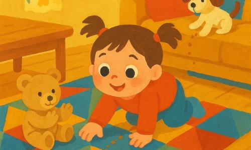 Una niña de 2 años, alegre y curiosa, con coletas castañas, mejillas redondas y piel clara, ojos grandes y brillantes, gatea sobre una alfombra de motivos geométricos buscando migas de galleta; a su lado, un osito de peluche beige sentado con las patas delanteras al frente como aplaudiendo, mirada dulce y costura visible; en el sofá a la derecha, un perrito de peluche blanco y marrón, pequeño, cola en tiras, con la pata delantera estirada hacia un cojín; salón cálido con mesa de centro de madera clara, cojines coloridos (amarillo, azul, rojo), ventana con cortina de flores que deja entrar luz suave y suelo de parquet claro; la niña sigue una pista de diminutas migas marrón claro que van del borde de la mesa al cojín del sofá y estira la mano para descubrir una galleta, atmósfera lúdica y tierna; estilo gouache, colores suaves y texturas de pincel visibles, trazos redondeados y formas simples, composición centrada y clara para un niño de 2 años.