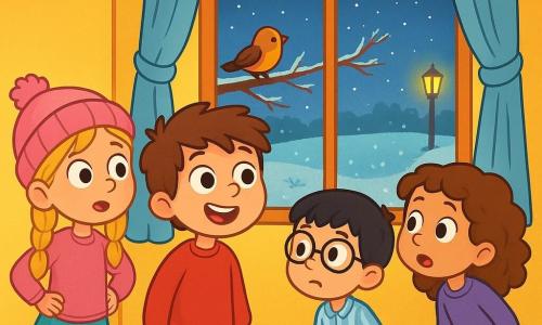 Hay 4 niños: - Leo: un niño de 6 años, con cabello castaño desordenado y ojos brillantes. Lleva un suéter rojo y pantalones azules. Está en el centro, mirando por la ventana con una sonrisa maravillada. - Alba: una niña de 6 años, con largas trenzas rubias y un gorro de lana rosa. Está a la izquierda de Leo, con las manos en las caderas y los ojos muy abiertos de curiosidad. - Mateo: un niño de 6 años, con cabello negro y gafas redondas. Lleva un pijama a rayas y está un poco más atrás, con un aire algo preocupado. - Lucía: una niña de 6 años, con cabello castaño rizado y un pijama morado. Está a la derecha de Leo, inclinándose hacia adelante para ver mejor a través de la ventana. El lugar es un pequeño pasillo acogedor, con paredes pintadas de un amarillo suave y una alfombra mullida. Una luz suave entra por una ventana, iluminando el jardín exterior, donde la hierba está cubierta de una ligera capa de escarcha brillante. Un farol amarillo brilla afuera, y un cielo estrellado es visible arriba. La situación principal muestra a los niños mirando con asombro el jardín en invierno, donde un pequeño pájaro está posado en una rama. Todos están cautivados por la belleza del paisaje, sintiendo la magia del invierno, a pesar de la ausencia de nieve.