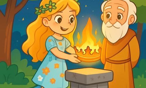 O tânără pe nume Mara, cu părul auriu ca spicele de grâu, stă în picioare pe un altar de piatră veche, cu ochii strălucind de speranță și determinare. Poartă o rochie ușoară, vaporoasă, împodobită cu motive florale, și ține în mâini o coroană de foc care strălucește cu o lumină caldă. Lângă ea, un bătrân înțelept, cu pielea ridată de vreme, o barbă albă și ochi înțelepți, o observă cu bunăvoință. Este îmbrăcat într-o tunică simplă și stă ușor retras, ca un ghid tăcut. Locația este un peisaj încântător, cu copaci măreți cu frunze de un verde strălucitor, un cer înstelat deasupra și un pârâu strălucitor care șerpuiește prin scenă, adăugând o notă de magie. Situația principală o arată pe Mara, pregătită să așeze coroana pe altar, în timp ce o lumină blândă emană din coroană, iluminându-i fața și creând o atmosferă de mister și magie.