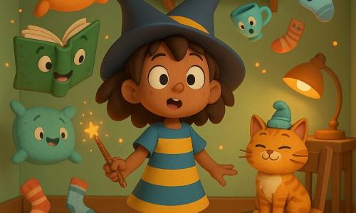 Pip, a 7-year-old apprentice witch with a mischievous, surprised look, wears a pointed hat tilted left, a blue-and-yellow striped dress and mismatched socks, and brandishes a glittery cinnamon wand while watching her messy mint-walled bedroom where a tidying spell has turned objects into joyful, dancing creatures; to her right the orange tabby cat Waffles sits on a chair wearing a sock as a hat with a proud amused posture, to her left the enchanted green-leather notebook Flapjack floats at shoulder height with pages beating like wings and a smiling face, crooked shelves of illustrated books, floating bouncy cushions, moving cups and socks, and warm desk-lamp light complete the scene of levitating items swirling in a circle around Pip in wonder.