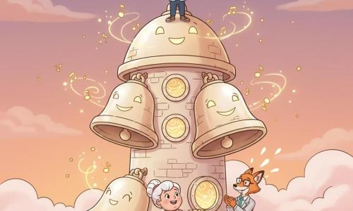 Prince Pip, about ten, round-faced with toasted-marshmallow hair, stands on the largest pearly bell of a tall castle tower of nacreous bells and cream stone perched on a powdered-pink cloud, holding a slim pearly wand that sends tiny luminous notes like laughing drops; a round pigeon with a turquoise cape perches on his right shoulder, blinking and scattering miniature paper confetti; Lady Mallow, a thirty‑five‑year‑old pastry chef with a powdered bun and a floury apron, stands at the base by a round window smiling and applauding while holding a tray of star croissants; the fox adviser, a man-fox in glasses and a light suit, sits on the balcony wall, clapping and amused; twilight peach-and-lavender sky, garland vines and glowing windows; the prince gently wakes the great bell, colorful notes bounce around as the bells seem to smile (slits of light like mouths) and crumbs of confetti and little golden laugh-clouds float in a warm, magical, joyful atmosphere.