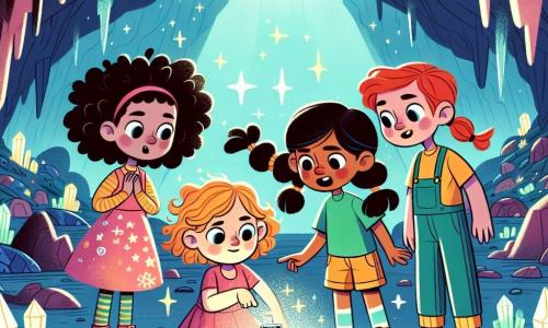 In a magical cave, four ten-year-old girls stand together, amazed by a mysterious device. Ella, with curly brown hair in a pink dress with sparkling stars, is at the center, wide-eyed with curiosity, pointing at the device. Mia, with smooth blonde hair in a bright yellow outfit, is slightly forward, bouncing with excitement and smiling broadly. Zoe, a red-haired girl with a braid, wears a green t-shirt and shorts, leaning forward with her hands on her knees, ready to explore. Lily, with straight black hair in a ponytail and dressed in a blue jumpsuit, stands slightly back with her arms crossed, showing a determined expression. The cave is illuminated by sparkling crystals casting colorful reflections on the walls. Strange, futuristic machines hum softly around them, creating a science fantasy atmosphere. The girls have just discovered the ChronoTech Wand, a glowing device that seems to merge magic and technology, and they are about to activate it together, their faces lit by the bright light emanating from the object.
