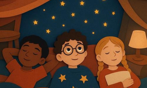 There are three characters: - A boy named Theo, 10 years old, with curly brown hair and round glasses, lying on his back under a starry blanket, looking at the "stars" made of small lights through the fabric. - A boy named Malik, 10 years old, with short black hair and a gentle smile, lying to the left of Theo, arms crossed behind his head, appearing relaxed and dreamy. - A girl named Mira, 9 years old, with blonde hair in braids and curious eyes, lying to the right of Theo, holding a small pillow against her, eyes half-closed. The setting is a living room transformed into a blanket fort. Blankets are stretched between chairs, creating an improvised tent. The soft light from a lamp outside the tent casts gentle shadows and creates a warm ambiance. The floor is covered with colorful cushions and small pillows. The main scene shows the three children lying side by side under the blanket tent, looking up where small lights through the fabric mimic a starry sky. The atmosphere is calm and serene, with a sense of safety and comfort, conducive to falling asleep.