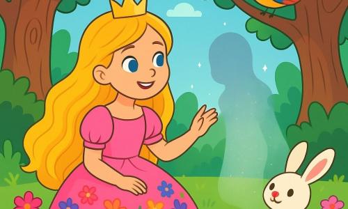 A princess named Elina, about 10 years old with long golden hair shining like the sun and sparkling light blue eyes full of curiosity, sits in the soft green grass, a warm smile brightening her face. She wears a light pink satin dress adorned with colorful flowers and reaches out to a gentle shadow that transforms into a shimmering mist beside her. Nearby, a small rabbit with large white ears and round eyes watches the scene, curious and joyful, while a colorful bird sings a sweet melody from a tree branch. The setting is a magical forest with majestic trees, their vibrant green leaves gently swaying in the wind. Brightly colored flowers, such as roses, violets, and daisies, cover the ground, creating a vibrant tapestry. The main scene shows Princess Elina, with a kind gaze, welcoming the shadow that turns into a soft mist, symbolizing friendship and the magic of kindness in this enchanting place.