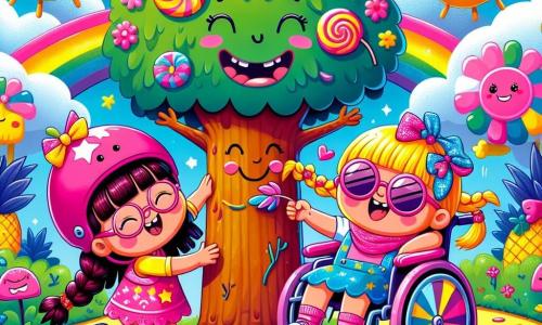 In a fantastical landscape, three friends stand under a smiling tree. Lila, an 8-year-old girl with brown hair and pink glasses, wears a shiny pink helmet and holds a feather to tickle the tree. To her right, Mia, a 7-year-old girl with braided blonde hair and a big smile, wears a sparkling blue cape and makes a funny face. On the left, Zoe, a 9-year-old girl with red hair and colorful sunglasses, sits in her rainbow-wheeled wheelchair, laughing and spinning around. The setting is a magical world where pineapples float in a bright blue sky, and candy-shaped clouds dance around them. The ground is covered with multicolored flowers that seem to sing. The main scene shows the three friends trying to make a sad tree laugh, which begins to wiggle with joy as they work to bring back its smile.