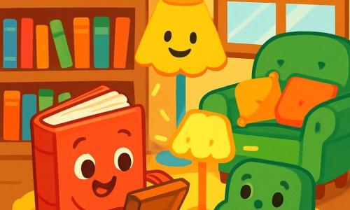 A small smiling book with a shiny red cover and sparkling eyes sits on a soft, fluffy rug. It looks curious and joyful as it explores a small open wooden chest in front of it. Next to it, a bright yellow lamp with a cloud-shaped shade shines happily, illuminating the scene. An old green velvet armchair with colorful cushions stands near the book, displaying a friendly and attentive expression. The library is filled with tall wooden shelves packed with colorful book covers, and rays of light filter through a glass window, creating a warm and welcoming atmosphere. In this scene, the little book is joyfully discovering its lost pages, surrounded by its friends, all united in a happy adventure.