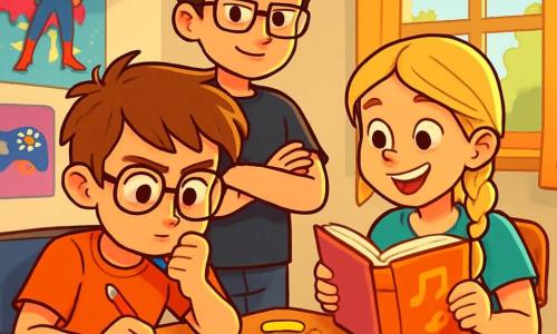 A 12-year-old boy, Josh, with messy brown hair and round glasses, has an excited and determined expression on his face. He is sitting at his desk, surrounded by colorful pencils and sheets of paper, intensely thinking about a mysterious puzzle. Next to him, his best friend Ellie, an 11-year-old girl with braided blonde hair and a mischievous smile, is flipping through a rhyming book, her eyes sparkling with enthusiasm. Sam, a 12-year-old boy with brown hair and square glasses, stands behind them, arms crossed, looking thoughtful as he observes the board with a glimmer of intelligence in his eyes. The scene takes place in Josh's room, decorated with colorful superhero and video game posters, featuring a messy wooden desk filled with gummy worms and sketches. In the background, a window lets in the golden sunlight, illuminating the studious and joyful atmosphere. The main situation shows Josh and his friends on a quest to solve a complex puzzle, with scattered sheets around them, laughter, and concentrated expressions on their faces as they search together for a solution to an seemingly impossible challenge.
