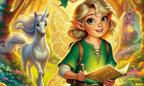 A 10-year-old girl named Elara, with golden hair and sparkling eyes, stands at the center of the scene, a determined smile on her face. She wears a green tunic and canvas pants, holding a shimmering map in her hands, ready for adventure. Beside her is a small fairy named Flick, with delicate wings and mischievous eyes, flying around her and illuminating the scene with golden light. A little further away, a majestic unicorn named Luna, with a silver mane and wise gaze, stands proudly, her horn sparkling in the light. The setting is an enchanted forest with gnarled tree trunks and vibrant green leaves, bathed in a soft golden light filtering through the foliage. Colorful flowers dot the ground, and a sparkling stream flows peacefully nearby. The main situation shows Elara, Flick, and Luna preparing to enter the mysterious Vale of Shadows, a dark and eerie area where shadows dance around them, creating an atmosphere that is both intriguing and slightly frightening, yet filled with promises of adventure.