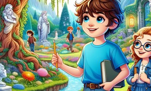 A 12-year-old boy named Leo, with messy brown hair and sparkling curious eyes, stands at the center of the scene, a big smile on his face. He is wearing a bright blue t-shirt and denim shorts, holding a small notebook in one hand and a pencil in the other, ready to jot down his discoveries. Beside him is his best friend Emma, a 13-year-old girl with curly hair and round glasses, marveling at a glowing flower, her eyes shining with excitement. 

They are in a beautiful enchanted clearing filled with vibrant flowers, marble statues covered in ivy, and a sparkling stream winding through the landscape. In the background, a majestic oak tree shelters a wise old sage with a kind gaze, adding a touch of mystery to the magical atmosphere.

The main scene shows Leo and Emma discovering a secret garden, awed by the beauty around them as they prepare to solve riddles posed by the Guardian of this enchanting place.