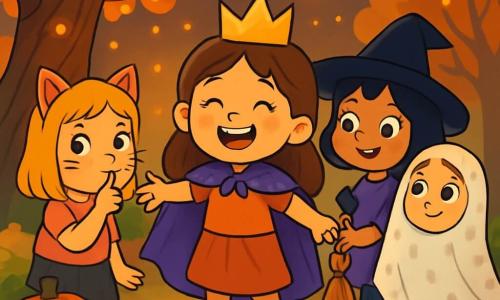 There are 4 children: - Mia: a 5-year-old girl with long brown hair, wearing a paper crown and a purple cape. She stands in the center, arms outstretched, showing her excitement. - Zoey: a 5-year-old girl with blonde hair and cat ears, with painted whiskers on her face. She is to the left of Mia, looking serious with a finger on her mouth as if whispering a secret. - Asha: a 5-year-old girl with black hair and a slightly tilted witch hat. She is to the right of Mia, holding a small wooden broom, ready to explore. - Lily: a 5-year-old girl with red hair, wrapped in a polka-dotted blanket with two large eye holes. She is slightly behind, smiling shyly, as if scared but ready to follow her friends. The setting is in a Halloween park, under a large twisted oak tree, illuminated by small floating orange lights. The ground is covered with yellow and orange leaves, and small decorated pumpkins are scattered around the children, adding a festive touch to the atmosphere. The main scene shows the children discovering a glowing path leading to a mysterious crate, with wonder in their eyes and smiles on their faces. They are holding hands, ready to venture together, while a gentle breeze makes the leaves dance around them.