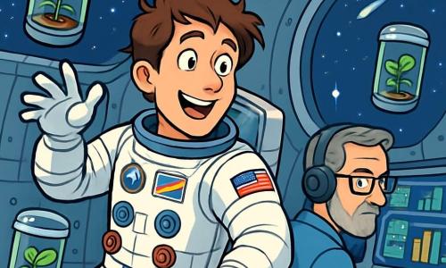 Un astronauta, un hombre de unos treinta años, flota en el espacio con una sonrisa maravillada en su rostro. Lleva un traje espacial blanco brillante, adornado con parches coloridos de misiones espaciales. Su cabello castaño está ligeramente despeinado por la ingravidez y sus ojos brillan de curiosidad. Cerca, un ingeniero de misión, un hombre de unos cincuenta años con gafas y barba canosa, observa los datos en una pantalla de control. Está sentado en el centro de control, rodeado de luces parpadeantes y gráficos animados. La escena ocurre en la estación espacial, un ambiente futurista con paredes metálicas plateadas, ventanales que ofrecen una vista espectacular de un océano de estrellas brillantes y meteoros fugaces. Plantas en crecimiento flotan suavemente en recipientes transparentes, añadiendo un toque de verdor a este espacio tecnológico. El astronauta está monitoreando un experimento de germinación de plantas en ingravidez, observando con asombro las pequeñas hojas verdes que comienzan a desarrollarse, mientras estrellas brillantes iluminan el fondo, creando una atmósfera mágica e inspiradora.