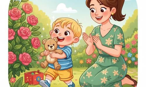 Un băiat de 2 ani, fericit și uimit, față rotundă, obraji roz, păr blond în șuvițe, poartă tricou bleu cu dungi și pantaloni scurți galbeni; ține strâns un ursuleț de pluș bej și zâmbește larg. Mama, în jur de 30 de ani, zâmbitoare, păr șaten prins în coadă, poartă o rochie verde cu flori, este îngenuncheată în spatele băiatului, gata să-l ia în brațe. Scena se petrece într-o grădină în lumina dimineții, cu iarbă verde, flori colorate, un tufiș de trandafiri roz și o cutie roșie de jucării lângă o potecă de piatră. Principal: băiatul și-a regăsit ursulețul ascuns printre frunzele trandafirilor; sare de bucurie, steluțe de fericire în jurul capului, iar mama aplaudă ușor. Stil vizual: culori vii, contururi moi și rotunjite, textură de pluș vizibilă, lumină caldă și umbre blânde; compoziție centrată pe duo-ul băiat–ursuleț, mama puțin în spate, elemente de grădină încadrează scena.