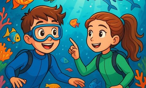 Ein 12-jähriger Junge mit kastanienbraunen Haaren und neugierigen Augen schwimmt unter Wasser, begeistert von den lebendigen Farben der tropischen Fische um ihn herum. Er trägt einen blauen Taucheranzug, und sein Gesicht strahlt vor Freude, beleuchtet von dem funkelnden Licht, das durch die Wasseroberfläche fällt. Neben ihm beobachtet ein 12-jähriges Mädchen mit langen, welligen Haaren, die zu einem Pferdeschwanz gebunden sind, fasziniert die Meeresbewohner. Sie trägt ebenfalls einen grünen Taucheranzug und lächelt, ihre Augen glänzen vor Neugier, während sie auf eine Gruppe von spielenden Delfinen zeigt. Der Ort ist ein wunderschönes Korallenriff, gefüllt mit bunten blütenförmigen Korallen, mehrfarbigen Fischen und Lichtstrahlen, die über den Meeresboden tanzen. Algen wiegen sich sanft im Strom und schaffen eine magische Atmosphäre. Die Hauptsituation zeigt den Jungen und das Mädchen, die gemeinsam den verborgenen Schatz im Herzen des Riffs entdecken, umgeben von schimmernden Fischen, während sie sich einer geheimnisvollen Höhle nähern, die von einem bläulichen Licht erleuchtet wird und voller Unterwasserwunder ist.