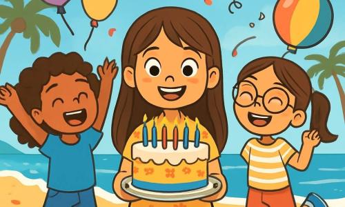 Hay 3 personajes: - Lucía: una niña de 9 años, con cabello largo castaño y ojos brillantes. Lleva un vestido amarillo con flores y sostiene un pastel de cumpleaños decorado con velas. Está en el centro, radiante de alegría. - Ana: una niña de 9 años, con cabello rizado y una gran sonrisa. Lleva una camiseta azul y un short de mezclilla. Está a la izquierda de Lucía, levantando los brazos en señal de emoción. - Marta: una niña de 9 años, con gafas redondas y cabello liso atado en una coleta. Lleva una camisa a rayas y un short rosa. Está a la derecha de Lucía, sosteniendo un globo colorido y saltando de alegría. El lugar es una playa soleada, con arena dorada y olas suaves que rompen en la orilla. Al fondo, se ve un cielo azul claro salpicado de algunas nubes blancas, y palmeras meciéndose suavemente al viento. Decoraciones coloridas, como guirnaldas y globos, flotan a su alrededor, creando un ambiente festivo. La situación principal muestra a Lucía, rodeada de sus dos nuevas amigas, soplando las velas de su pastel de cumpleaños, con risas y sonrisas brillantes. Los otros niños de la fiesta se reúnen alrededor, aplaudiendo y cantando 