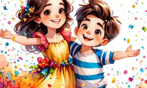 En el centro de la imagen, una niña de 11 años llamada Sofía, con largos cabellos castaños y ojos brillantes de alegría, lleva un vestido colorido adornado con flores. Sonríe ampliamente, con los brazos abiertos, rodeada de confeti que cae del cielo, expresando una inmensa emoción de felicidad y asombro. A su lado, su hermano Tomás, un niño de 8 años con el cabello despeinado y una camiseta a rayas, salta de alegría con los brazos en alto, como si hubiera ganado un juego. Un poco más atrás, su madre, una mujer sonriente de unos 35 años con cabello castaño y un suéter suave, los observa con orgullo, sosteniendo un pastel de cumpleaños decorado con velas brillantes. La escena tiene lugar en la hermosa Plaza de las Estrellas, iluminada por farolitos de colores y rodeada de casas de fachadas vibrantes. Estrellas brillan en el cielo nocturno, añadiendo un toque de magia a la atmósfera festiva. La situación principal muestra a Sofía y su familia celebrando su cumpleaños, rodeados de nuevos amigos, en un ambiente alegre y festivo, con risas y destellos de luz que bailan a su alrededor.