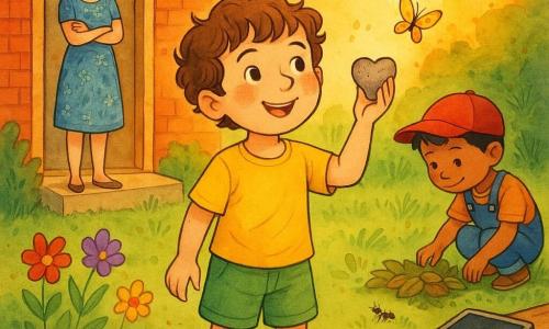 Un niño de 6 años, alegre y asombrado, cabello castaño rizado, piel clara y ojos risueños, viste camiseta amarilla y pantalón corto verde, sostiene una piedra en forma de corazón en la mano derecha y mira mariposas; a la izquierda, la madre de unos 30 años, con el pelo castaño recogido en un moño y sonrisa tierna, está en el umbral de la casa con los brazos cruzados observando con orgullo, vistiendo un vestido azul con flores; a la derecha, el vecino Marcos, también de 6 años, con pelo negro corto y piel algo más oscura, agachado junto a un montón de hojas examinando una hormiga, lleva gorra roja y peto vaquero; todo sucede en un jardín soleado al atardecer con césped verde, flores rojas, violetas y amarillas, un banco de madera donde está abandonada una tableta apagada y un sendero de piedra hacia una casa de ladrillo rojo; ambiente cálido, colores vibrantes, trazos de tinta delicados y sombras suaves.