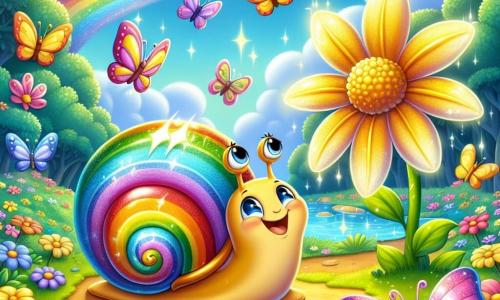 Un pequeño caracol llamado Caramelo, con una concha brillante de colores vivos y rayas como un arcoíris, se encuentra en el centro de la imagen, con los ojos llenos de emoción y una gran sonrisa en su rostro. Está contemplando una inmensa flor de pétalos brillantes que parece hablarle con una voz suave y cálida. A su lado, un grupo de mariposas coloridas, con alas delicadas y brillantes, vuela alegremente alrededor de Caramelo, sus rostros irradiando curiosidad y amistad. El escenario es un jardín mágico, lleno de flores multicolores, ríos brillantes y árboles majestuosos que parecen cantar. El cielo es de un azul brillante, salpicado de nubes esponjosas, y estrellas brillan suavemente a lo lejos, añadiendo un toque de magia. La situación principal muestra a Caramelo, maravillado, conversando con la Flor de la Sabiduría, mientras las mariposas lo rodean, creando una atmósfera alegre y llena de esperanza, simbolizando el inicio de su viaje de aprendizaje y descubrimiento.