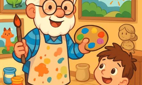 Un hombre mayor, Don Ernesto, con barba blanca y gafas redondas, sonríe alegremente sosteniendo un pincel en una mano y una paleta de colores brillantes en la otra. Lleva una camisa azul a rayas y un delantal manchado de pintura, mostrando su amor por el arte. A su lado, un niño curioso llamado Nico, de unos 8 años, con cabello castaño despeinado y una camiseta amarilla, observa maravillado las pinturas colgadas en la pared. Está sentado en el suelo, rodeado de lápices de colores, listo para dibujar. El lugar es un taller luminoso, lleno de lienzos coloridos, esculturas de arcilla y frascos de pintura esparcidos. Las paredes están cubiertas de dibujos de animales fantásticos y paisajes vibrantes, creando una atmósfera mágica e inspiradora. La situación principal muestra a Don Ernesto mostrando sus obras a Nico, quien está cautivado por los colores y las formas. Juntos comparten un momento de creatividad, donde el arte cobra vida en un estallido de alegría e imaginación.