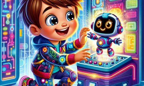 Ein 7-jähriger Junge, Felix, mit zerzausten braunen Haaren und neugierigen Augen, steht im Mittelpunkt des Bildes, ein breites Lächeln auf dem Gesicht, während er einen Knopf an einer futuristischen Maschine drückt. Er trägt einen bunten Overall mit Schaltkreis-Mustern und leuchtenden Turnschuhen. Neben ihm schwebt fröhlich ein kleiner Roboter namens Zippy, mit einem runden Körper und ausdrucksvollen Augen, dessen mechanische Arme funkelnde Lichter schwenken. Im Hintergrund findet die Szene in einem futuristischen Labor statt, gefüllt mit glänzenden Maschinen, blinkenden Lichtern und holographischen Panels, alles in lebhaften Blau- und Violetttönen. Felix und Zippy bedienen eine Maschine, die gerade ein farbenfrohes Spielzeug produziert hat, bereit zur Teleportation, umgeben von einer Atmosphäre von Aufregung und technologischer Magie.