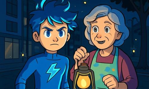 Un giovane, Fulmine Blu, si trova al centro della scena con un'espressione determinata. Indossa una tuta blu brillante con un simbolo di fulmine argentato, i suoi capelli scompigliati brillano sotto la luce dei lampioni spenti. I suoi occhi blu riflettono speranza ed energia. Accanto a lui, la signora Prisma, una donna di cinquant'anni con capelli argentati e un sorriso caloroso, tiene una lampada in mano, perplessa per l'oscurità che li circonda. Indossa un grembiule colorato macchiato di farina, pronta ad aiutare Fulmine Blu a risolvere il mistero. Il contesto è una strada animata di Luminia con edifici moderni sotto un cielo notturno stellato, ma avvolti nell'oscurità. Le ombre degli alberi parlanti si proiettano sul pavimento, aggiungendo magia all'atmosfera. Fulmine Blu e la signora Prisma esplorano la strada oscura cercando indizi sulla misteriosa mancanza di luce, mentre lucciole disorientate volano attorno a loro, aggiungendo mistero alla scena.
