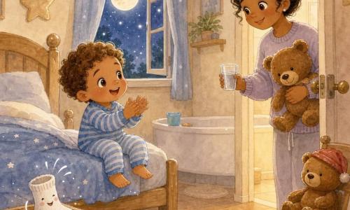 Un niño de 2 años, rostro redondo y cabello rizado castaño claro, juega junto a su cama con pijama a rayas azul y blanco, sonríe y aplaude; una mujer adulta (mamá, ~30 años) con suéter pastel y moño sostiene un gran oso de peluche marrón y un vasito de agua transparente, inclinada junto a la puerta con expresión dulce; un oso de peluche marrón con un pequeño sombrero rojo ladeado está sobre una silla; un vasito de plástico azul está sobre la bañera al fondo; un calcetín blanco con una luna bordada asoma de un cajón y parece brincar cerca de la almohada; la habitación nocturna y acogedora tiene paredes crema, alfombra beige, lámpara de mesita que emite luz amarilla y una ventana abierta con una gran luna y estrellas; escena de acostarse divertida, tierna y serena.
