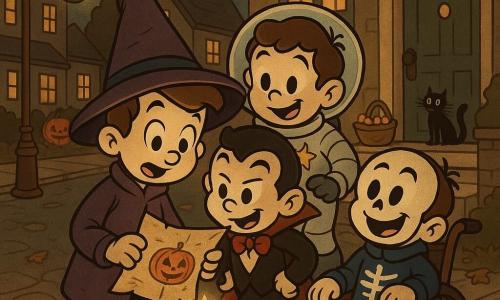Ci sono quattro bambini: Leo, 8 anni, con un cappello da mago troppo grande e mantello viola, tiene la mappa piegata al centro del gruppo e guarda concentrato; Tommi, 8 anni, in costume da piccolo vampiro nero e rosso con sorriso malizioso, è a destra di Leo e si china per leggere la mappa; Sami, 8 anni, in tuta da astronauta bianca con una stella sul petto, tiene una torcia a forma di stella accesa che illumina la mappa; Nico, 8 anni, con maschera da scheletro sorridente e soprabito blu notte, seduto su una sedia a rotelle di legno con una foglia d’autunno incastrata in una ruota, ride; ambientazione: strada lastricata di un quartiere tranquillo di notte sotto un lampione dalla luce calda, case con finestre illuminate e decorazioni di Halloween (zucche intagliate e piccole lanterne arancioni), davanti alla casa della signora Pina con gradino in pietra, cesto di caramelle sulla soglia, porta verde e un gatto nero; situazione: i quattro riuniti sotto il lampione leggono una mappa con una zucca, volti curiosi e gioiosi, luce calda sui loro visi, foglie secche che scricchiolano, atmosfera di caccia al tesoro di Halloween.