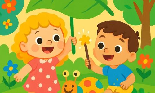 Ci sono 3 personaggi: Mia, una bambina di 3 anni con capelli ricci e dorati, che indossa un vestito rosa a pois bianchi e sorride tenendo una grande foglia verde sopra la testa come se fosse una bacchetta magica; Leo, un bambino di 3 anni con capelli castani e un grande sorriso, che indossa una maglietta blu e pantaloni gialli, agitando un bastone magico che brilla leggermente, seduto sull'erba accanto a Mia; Luma, una lumaca divertente con un guscio a pois colorati, che si trova a terra guardando i bambini con occhi scintillanti. La scena si svolge in un giardino incantato, pieno di fiori dai colori vivaci, alberi alti con foglie brillanti e un prato verde e morbido. Mia e Leo cercano la merenda magica perduta, ridendo e divertendosi, mentre Luma li incoraggia con un grande sorriso, circondati da oggetti divertenti come un calzino blu e un ombrello piccolo, aggiungendo un tocco di umorismo alla scena.