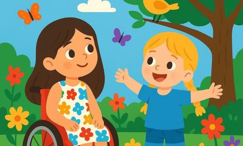 Es gibt zwei Hauptfiguren: - Lisa: ein 7-jähriges Mädchen mit langen braunen Haaren, das in einem schönen roten Rollstuhl sitzt. Sie trägt ein buntes Blumenkleid und lächelt mit funkelnden Augen. - Mia: ein 6-jähriges Mädchen mit geflochtenen blonden Haaren, das ein blaues T-Shirt und eine Jeansshorts trägt. Sie steht neben Lisa, mit einem breiten Lächeln und offenen Armen, bereit zu spielen. Der Hauptort der Handlung ist ein sonniger Garten, gefüllt mit bunten Blumen mit leuchtend roten, gelben und lila Blütenblättern. Im Hintergrund bietet ein großer Baum mit üppig grünen Blättern Schatten, während Schmetterlinge um die Blumen tanzen. Der Himmel ist blau mit einigen flauschigen weißen Wolken. Die Hauptsituation der Geschichte zeigt Lisa und Mia, die einen kleinen Vogel beobachten, der auf einem Ast sitzt. Lisa, etwas nervös, schaut zum vorbeiziehenden bewölkten Himmel, während Mia enthusiastisch mit ihr spricht und ihr zeigt, dass der Wind sanft und freundlich ist. Die beiden Mädchen teilen einen Moment des Mutes und der Freundschaft, umgeben von der Schönheit des Gartens.