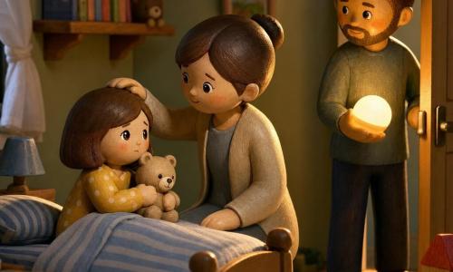 Niña de 4 años de rostro redondo y mejillas rosadas, ojos grandes y preocupados, abraza un osito de peluche beige y está sentada al borde de una cama con edredón a rayas azules; tiene pelo castaño en carré y viste una camisón amarillo de lunares, con expresión temerosa pero valiente, manos apretadas y hombros algo encogidos. Una mujer (madre, ~30 años) con el pelo en moño sonríe suavemente y acaricia la cabeza de la niña, sentada junto a la cama y mirándola con calma. Un hombre (padre, ~32 años) con ligera barba está junto a la puerta entreabierta, una mano en el pomo y la otra sujetando una pequeña luz nocturna redonda que emite una luz cálida y suave. La habitación es pequeña y acogedora: pared verde pálido, estantería de madera con libros coloridos y una lámpara de noche apagada, cortina blanca que se agita y un rincón oscuro con una sombra alargada; la niña mira esa sombra mientras la luz dorada de la luz nocturna crea contrastes marcados y sombras largas, con texturas de madera y tela visibles. Estilo: diorama de juguetes de madera, colores saturados pero suaves, texturas mates, composición simple y siluetas claras, atmósfera nocturna reconfortante.
