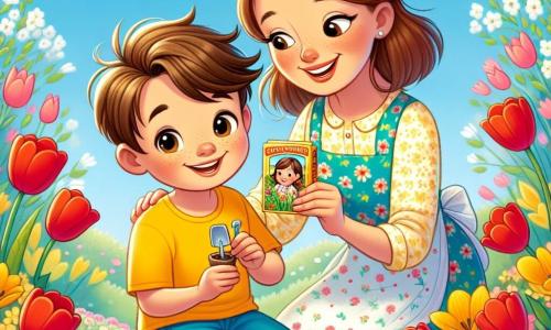 A 10-year-old boy, Max, with messy brown hair and sparkling joyful eyes, is crouched in a colorful garden, holding a small packet of seeds in his hands. He wears a bright yellow t-shirt and blue shorts, and his face radiates excitement as he prepares to plant flowers. Next to him, his mother, a woman in her thirties with brown hair tied in a bun, smiles warmly while holding a small shovel. She wears a floral apron and leans slightly towards Max, encouraging him tenderly. The garden is a true spring tableau, filled with vibrant flowers: red tulips, white daisies, and yellow daffodils, all under a light blue sky dotted with fluffy clouds. The main scene shows Max and his mother planting seeds together, symbolizing the start of a new spring adventure, surrounded by the beauty of awakening nature.