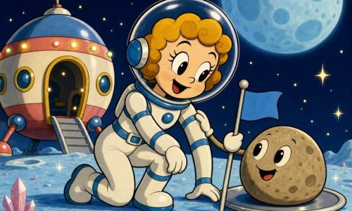 A smiling, amazed female astronaut with short curly hair in a shiny white-and-blue suit gently plants a small blue flag with her right hand; she has large round eyes, rosy cheeks, and a confident pose. A friendly round rock with painted eyes and a smile rolls beside her and touches her as a greeting, sitting on a shiny patch of the pale blue lunar surface streaked with sparkles and small pink crystals. A round colorful spaceship with its hatch open, round windows and soft blinking lights sits in the left background. The deep indigo sky is dotted with star-like yellow lights and a large blue moon behind her. The scene is calm and warm as she smiles, plants the flag, and touches her rock friend.