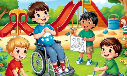 Em um parque ensolarado, vemos quatro crianças brincando juntas. Leo, um menino de 7 anos, está em sua cadeira de rodas. Ele tem cabelo castanho e usa uma camiseta azul com estrelas, sorrindo alegremente enquanto segura um desenho de céu e estrelas. Tomás, um menino de 6 anos, tem cabelo loiro e usa uma camiseta vermelha, ao lado de Leo, pronto para ajudá-lo a desenhar. Miguel, um menino de 7 anos, tem cabelo preto e usa uma camiseta verde, sentado na grama, desenhando um dinossauro e olhando para Leo com admiração. João, um menino de 6 anos, tem cabelo castanho e usa uma camiseta amarela, de pé atrás de Miguel, cantando alegremente. O parque está cheio de flores coloridas e árvores verdes, com um grande escorregador vermelho e uma caixa de areia ao fundo. A cena mostra Leo, cercado por seus amigos, compartilhando sua paixão pelo desenho e pela imaginação, todos unidos em um momento de alegria e criatividade.