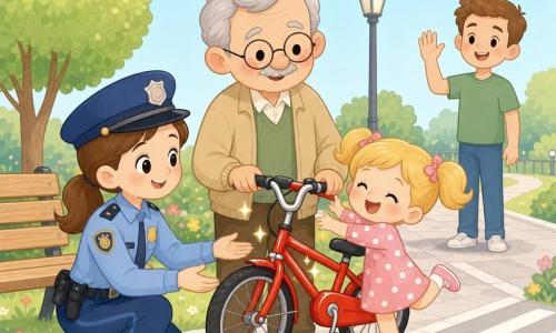 A smiling, kind female police officer with a brown ponytail, light-blue uniform and small round yellow badge kneels to hand back a shiny red bicycle, while a little girl (about 5) with blonde pigtails in a pink polka-dot dress clutches the bike and jumps for joy beside her; an elderly grandfather (about 70) with gray hair, round glasses and a beige jacket holds the handlebars near a light wooden bench and smiles gently, and a father (about 35) in a green t-shirt waves from a paved path in the background; a sunny small park with a soft green lawn, round-foliage tree, colorful flowers, simple lamppost and white-patterned crosswalk; soft morning light, pastel palette (sky blue, pink, mint, pale yellow); composition centered on the bike handover, characters close together, round faces with exaggeratedly kind expressions, crisp outlines and simple shapes; minimal kawaii style, clean background, flat textures and very light shading.