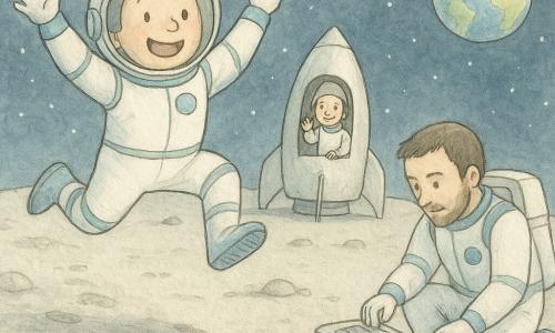 Marek, astronauta, z twarzą widoczną przez przezroczyste okrągłe hełm, wesoły i zdumiony, w białym skafandrze z niebieskimi detalami, skacze wysoko po powierzchni Księżyca jak duży kangur; obok za nim niewielka srebrna rakieta z otwartym włazem, z którego uśmiechnięta koleżanka około 30 lat, krótkie włosy pod czapką, macha ręką, po prawej kucający kolega około 32 lat z lekką brodą kontroluje walizkę z przyrządami; miejsce: szara, pylasta powierzchnia księżyca z odciskami stóp i małymi zaokrąglonymi skałami, zakrzywiony horyzont i ogromna niebieska Ziemia na czarnym niebie z delikatnymi gwiazdami; sytuacja: Marek radośnie skacze, za nim ślady stóp, koledzy patrzą z podziwem — łagodna atmosfera, pastelowe kolory, proste zaokrąglone linie.