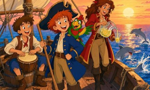Sam is een jongen, gelukkig en trots, breed glimlachend, rood warrig haar, scheef piratenhoed, blauwe jas met gouden knopen, staand op het dek van een klein houten bootje met een roeispaan; Pico is een kleurrijke papegaai op Sams rechterschouder, groene, rode en gele veren, guitige blik; Tim is een tienerjongen met kort bruin haar, vrolijk, zittend op een ton naast Sam en spelend op een houten trommel; kapitein Roos is een sterke, glimlachende vrouw met leren laarzen en rode mantel die limonade inschenkt uit een karaf bij de reling; zilvergriijze dolfijnen springen naast de boot en spatten water; het kleine zeilbootje heeft versleten planken en zichtbare touwen, de zee is kalm met oranje-roze zonsondergangreflecties en enkele roze wolken; sfeer van een overwinningfeest na een redding, warme dynamische avondlicht en gelach, compositie gecentreerd op Sam en Tim omringd door vrienden en zee.