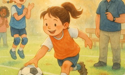 Sofía, niña, rostro radiante y sonrisa segura, coleta castaña, chaleco naranja arrugado y tacos embarrados, corre extendiendo la mano para recoger un balón blanco y negro; una amiga de unos 9 años, rubia con trenzas, a la izquierda aplaude mientras salta, con chaleco azul y rodilleras; el entrenador Paco, unos 35 años, barba ligera y gorra, sostiene un silbato y sonríe junto a un banco de madera a la derecha; dos padres de 30–40 años aplauden desde la línea de banda con una botella de agua y una mochila; campo de césped verde con líneas blancas y manchas de tierra, luz cálida de atardecer; momento alegre y responsable en que Sofía devuelve la pelota, ambiente cálido y tierno.