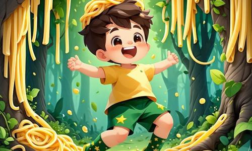 A 3-year-old boy named Timmy, with tousled brown hair and a big amazed smile, wears shiny green socks with yellow stars. He joyfully dances in the middle of a noodle forest, his arms raised, surrounded by long pasta hanging from the trees like vines. Next to him, a jovial meatball king with a spaghetti crown jumps on a pile of spaghetti, laughing and encouraging Timmy to dance. In the background, colorful fish leap out of a rainbow pond, singing cheerful songs, their scales sparkling in the sun. The setting is a fantastical forest where the trees are made of noodles and the leaves are cheese, creating a playful and absurd atmosphere. The main scene shows Timmy dancing with the fish, the meatball king laughing nearby, while the sun reflects off the pond, adding a touch of magic to this joyful and whimsical scene.