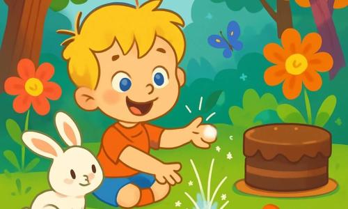 A 4-year-old boy named Oliver, with messy blonde hair and sparkling blue eyes, is sitting on the soft grass of an enchanted forest. He has a big, amazed smile on his face, holding a shiny little stone in his hands. Next to him is a small white rabbit named Benny, with big ears and fluffy fur, looking at Oliver with mischievous eyes, ready to join him on an adventure. The setting is a magical forest filled with majestic trees with colorful leaves, singing flowers with bright petals, and a sparkling pond reflecting the sun's rays. In the background, colorful butterflies flutter around giant flowers. The scene shows Oliver throwing the magic stone into the pond, creating sparkling splashes, while a large chocolate cake suddenly appears on the shore, surrounded by curious little birds approaching to taste it.